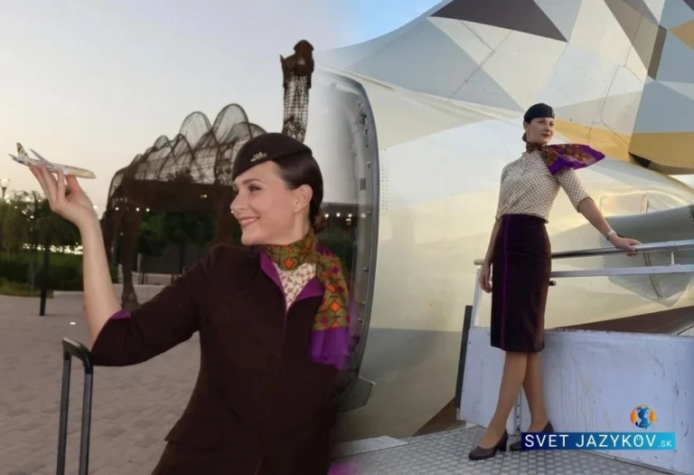 Koláž letušky Kaje: príprava na pohovor s modelom lietadla a realita práce v uniforme Etihad Airways