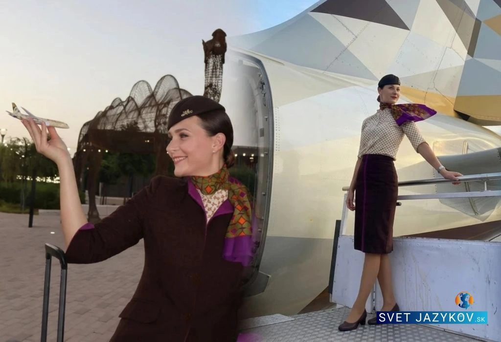 Koláž letušky Kaje: príprava na pohovor s modelom lietadla a realita práce v uniforme Etihad Airways