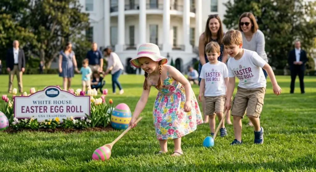 súťaž v gúľaní vajíčok po trávniku na Veľkú noc v USA